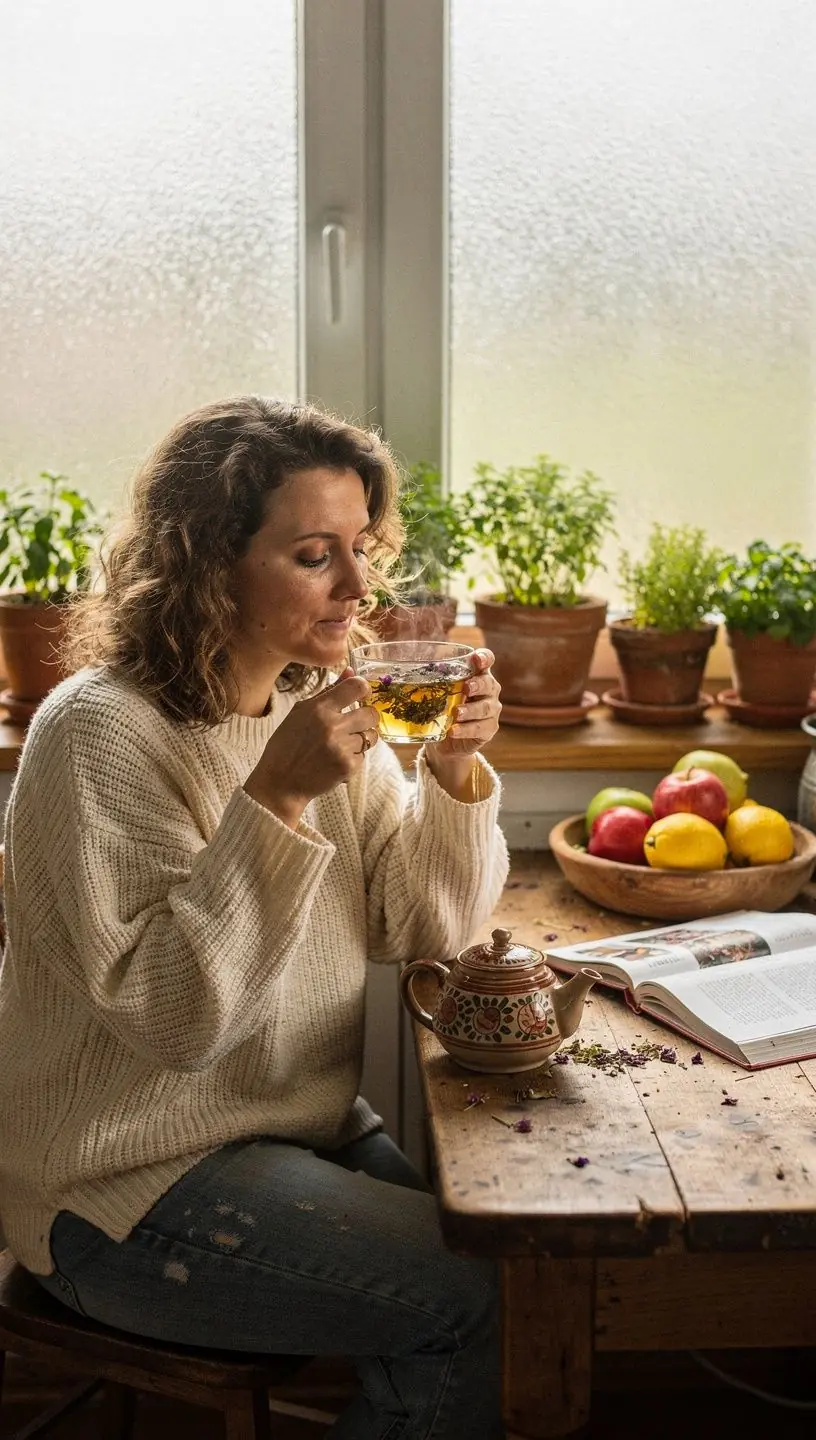 Stiklinė arbatžolių arbatos šalia sveikos mitybos knygos, simbolizuojanti natūralių arbatos įpročių naudą kasdieniam hidratavimui ir gerovei.