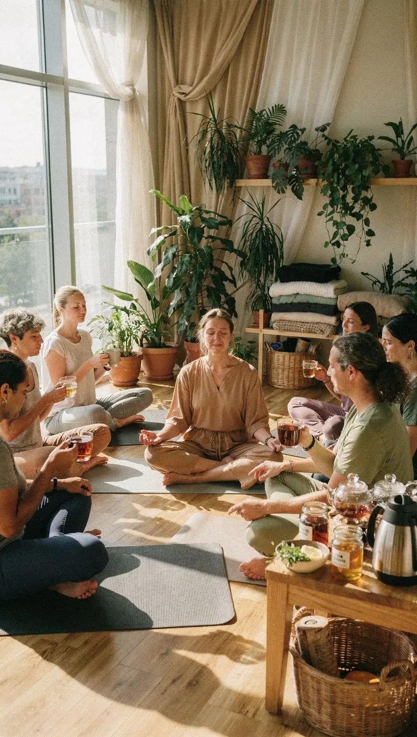 Žolelių arbatos ruošimo procesas su šviežiais augalais ir karštu vandeniu.